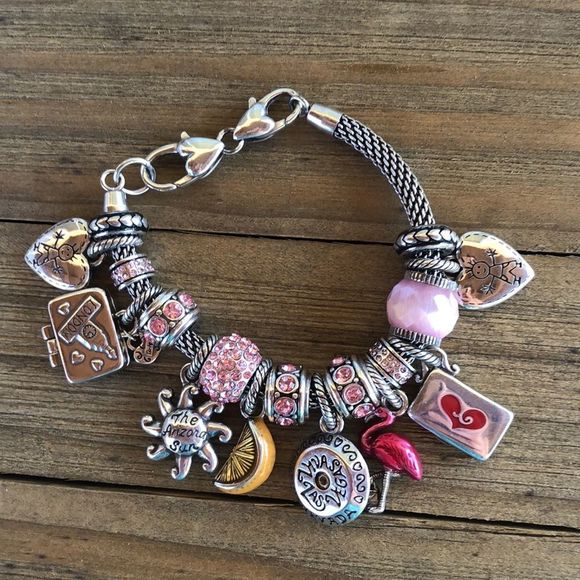 Brighton Pink & Silver Plated Slide Charm Bracelet 17 Charms! EUC - Picture 9 of 14